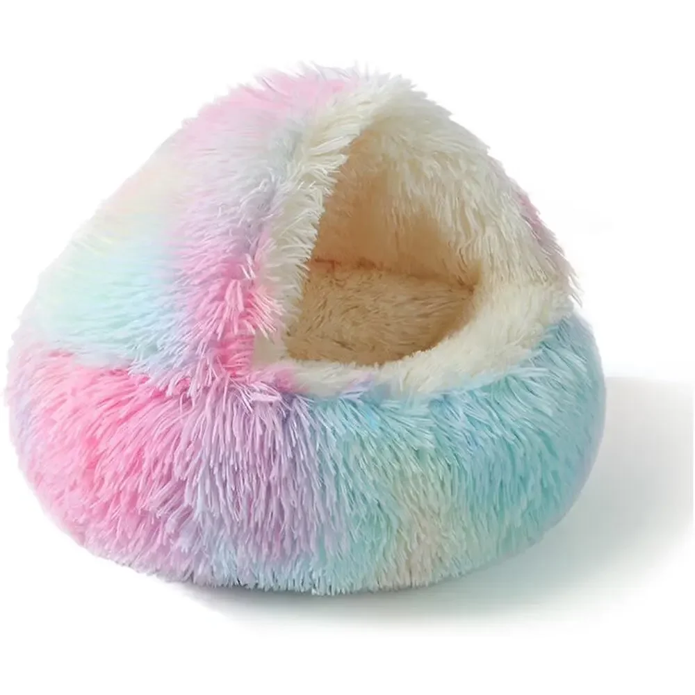 ShinHye Cat Bed Round Plush Fluffy Hooded Cat Bed